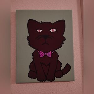 Hand Painted Art On Canvas Cat Acrylic Painting Brown Pink Bowtie Green 8 X 10